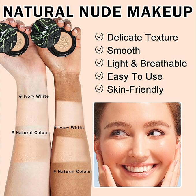 2Pcs Air Cushion CC Cream Foundation Mushroom Head Moisture Cushion Cover Up BB Cream Makeup for Moisturizing Oil Control Concealer Brighten Skin Tone #Natural Color