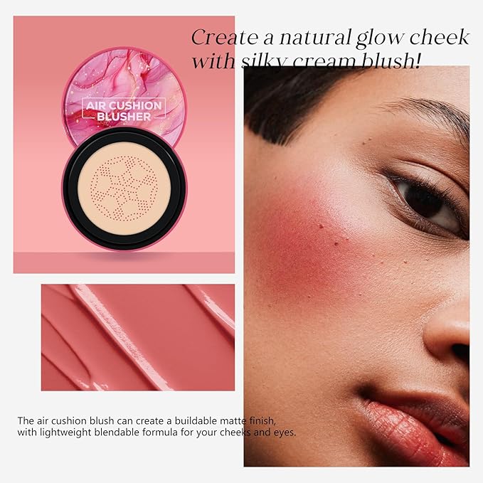 KYDA Air Cushion Blush, Mushroom Head Air Cushion Blusher, Natural Glow Liquid Blusher for Cheeks and Eyes, Buildable Matte Coverage, Lightweight Blendable, Silky Cream Blush Makeup, 03 Camellia Red