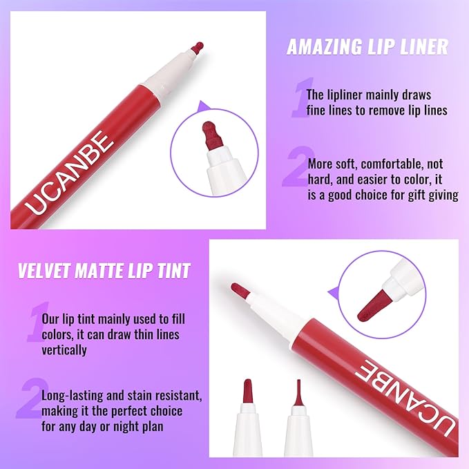 UCANBE 2pcs Matte Lip Tint Stain Set, 1 Lip Stain & 1 Lip Liner Pencil, Long Lasting Waterproof Lightweight Non-sticky Liquid Lipstick for Women & Girl (03 ESPRESSO)