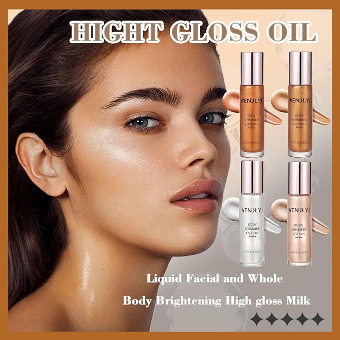 Body Shimmer Oil Set,Waterproof Body Glitter Oil for Face & Body,High Glossy Long Lasting Moisturizing Body Luminizer Glow,Multi-purpose Body Glitter Oil Liquid Illuminator Highlighter(4 Pcs)