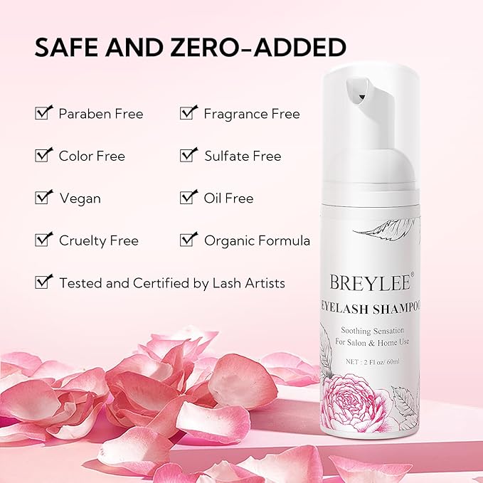 BREYLEE Shampoo for Lash Extensions, 60ml+Rinse Bottle+Brushes, Eyelash Extension Cleanser, Lash Wash Bath, Lash Cleaner for Makeup Cleansing Foams, Paraben & Sulfate Free for Salon and Home Use