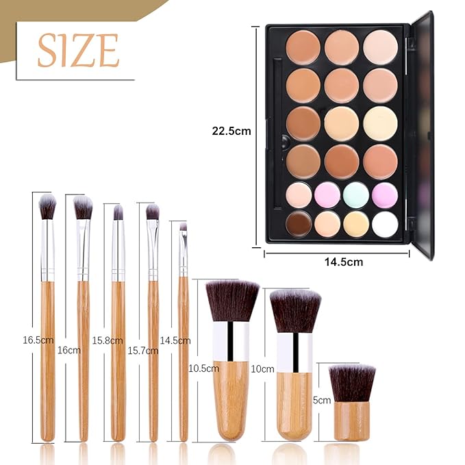 Pure Vie 20 Colors Hydrating Full Coverage Correcting Concealer Palette Camouflage Makeup Contour Kit for Conceals Corrects Dark Circles Acne + 11 Pcs Foundation Powder Concealer Eyeshadows Brushes