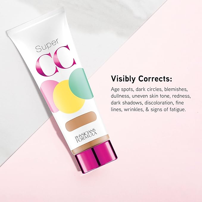 Physicians Formula Super CC+ Cream Color-Correction + Care Cream Full Coverage Foundation, Anti Aging Hydrating Serum, For Uneven Skin Tone, Dermatologist Approved, Light