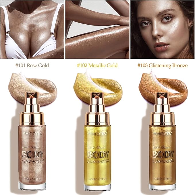 PHOERA High Gloss Waterproof Body Luminizer Glitter Face Shimmer Moisturizer Lotion Tan Cream Foundation Makeup Bronzer AQUAPURITY (101 Rose Gold)