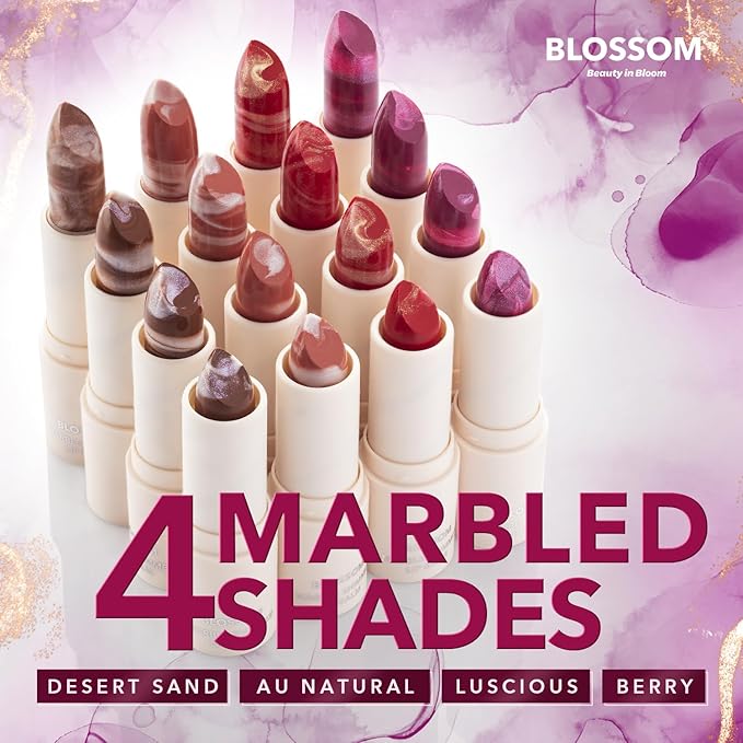 Blossom Marble Shimmer Lip Balm Moisturizing Lipstick with Shea Butter, Jojoba, Olive Oil, 0.12oz/3.5g, Berry