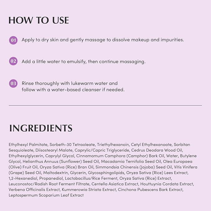 Purple Rice Pore Smoothing Cleansing Oil – Deep Cleansing for Pores & Blackheads | Korean Oil Cleanser for Face & Makeup Remover | Hydrating & Soothing Formula, 6.76 fl.oz