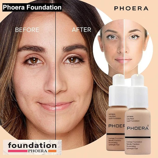 Phoera Foundation Full Coverage Makeup Set - 24hr Long Lasting Oil Control - Soft Smooth Matte Flawless Concealer Cream - Inc x2 30ml Foundation & Silicone Blender Sponge (103 Warm Peach)