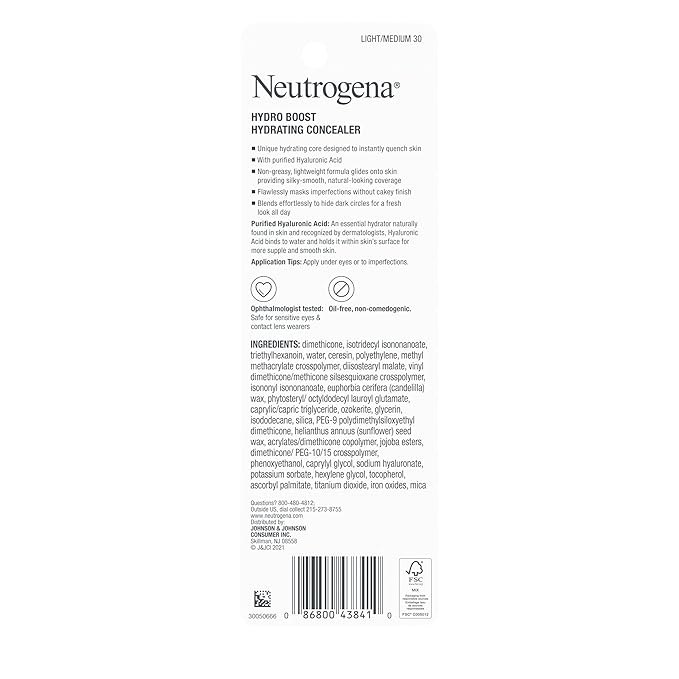 Neutrogena Hydro Boost Hydrating Concealer Stick for Dry Skin, Oil-Free, Lightweight, Non-Greasy and Non-Comedogenic Cover-Up Makeup with Hyaluronic Acid, 30 Light/Medium, 0.12 Oz