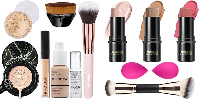 Mushroom Head Air Cushion CC Cream,PHOERA Foundation,PHOERA Concealer, PHOERA Powder, 3 Pcs Cream Contour Stick Makeup Kit, Shades with Highlighter Stick, Blush Stick and Bronzer Contour Stick