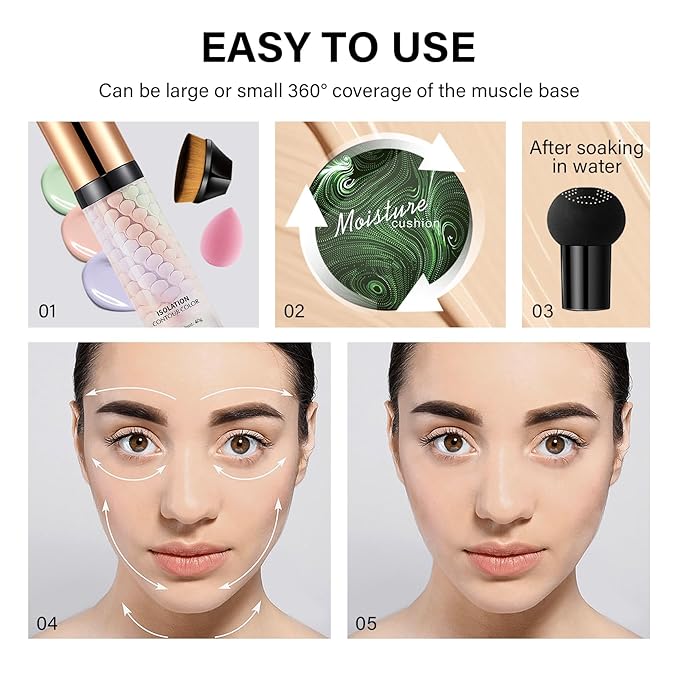 2PCS Mushroom Head Air Cushion CC Cream, Moisturizing Primer, Oil Control BB Cream for All Skin Types, Full Coverage Concealer Liquid Foundation Face Makeup Set with Foundation Brush & Makeup Sponge E