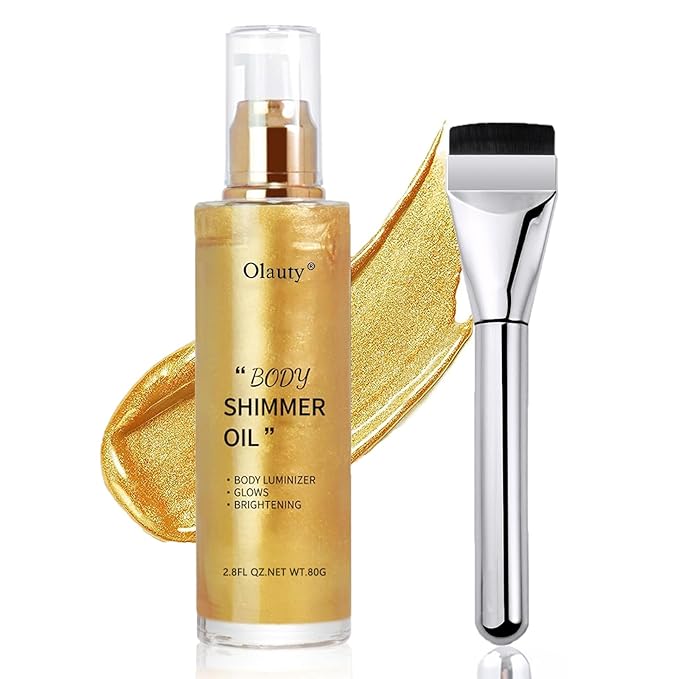 Body Shimmer Oil Gold 4 Color Face Brighten Luminizer Glow for Face & Body, Summer Glow Pearl Highlighter Liquid Illuminator Makeup With Brush (#2, 2.8 Fl Oz)