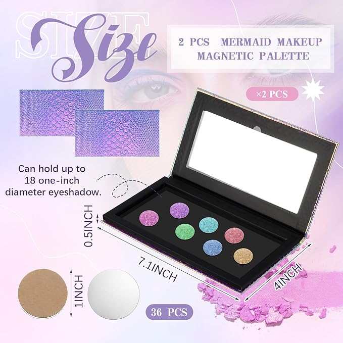 2 Pieces Magnetic Mermaid Empty Palette with Mirror and 36 Pcs Adhesive Metal Stickers Large Mermaid Makeup Empty Palette for Eyeshadow Lipstick Blush Powder