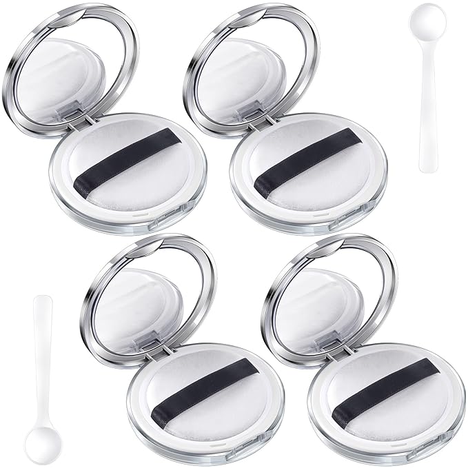 OIIKI 4 Packs Loose Powder Compact Containers, 5g Refillable Container with Powder Puff, Mirror, Net, Spoon, DIY Makeup Powder Cases Portable Powder Compact Boxes for Daily Use or Travel - Silver
