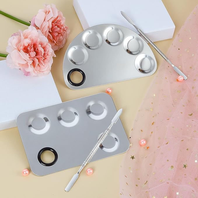 Professional Stainless Steel Makeup Palette,2 Pieces Cosmetic Palette with Spatula Tool, Nail-art Mixing Palette for Cosmetic Pigment Blending
