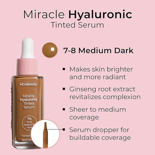 MCoBeauty Miracle Hyaluronic Tinted Serum, 7-8 Medium Dark, Hydration & Glow for Radiant Skin, Vegan, Cruelty Free Cosmetics
