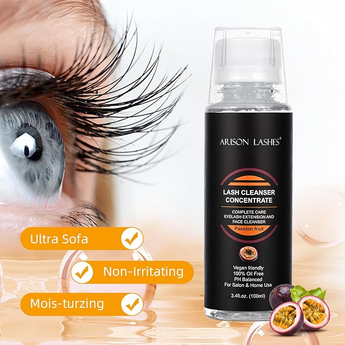 ARISON LASHES Eyelash Cleanser Concentrate 100ml Lash Extensions Shampoo Natural Foaming Cleanser DIY Non-lrritating 20 Bottles 60ml lash Shampoo(Passion Fruit)