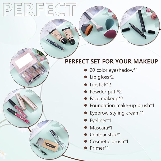 All in One Makeup Kit for Women Full Kit Includes Palette Foundation & Face Primer, Makeup Brush Sponge, Eyebrow Soap, Winged Eyeliner Stamp 20 Colors Eyeshadow Gift Set for Women, Girls & Teen