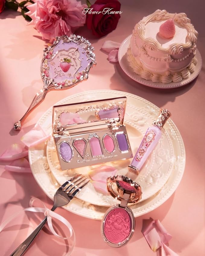 Flower Knows Violet Strawberry Rococo All-In Gift Set,11 Pack Makeup Box with Mirror,Lip Gloss×4+Blush×2+Eyeshadow Palette+Blush Brush×1+Handheld mirror×1+Hair Clip×1+Gift Box×1