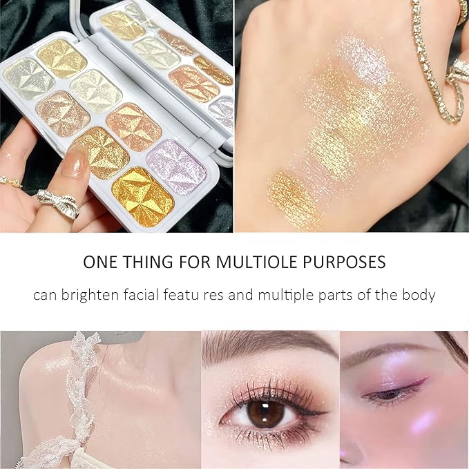 8 Colors Face Highlighter Makeup Palette,Shimmer Glitter Multichrome Highlight Powder,All Sparkling Shades Can Be layered or Worn Individually to Enhance and Brighten Your Face Features