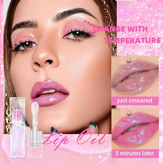 Erinde Magic Color Changing Lip Oil, Moisturizing Lip Glow Oil, Plumping Shimmer Big Brush Tinted Lip Balm Lip Care, Long Lasting Nourishing Non-sticky Fresh Texture Lip Gloss Lip Balm