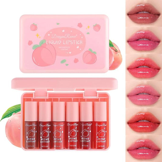Eakroo 6 Colors Peach Lip Tint Stain Set, Korean Lip Gloss Mini Liquid Lipstick Set, Multi-Use Lip and Cheek Tint, Long Lasting, Waterproof, High Pigment, Vivid Color