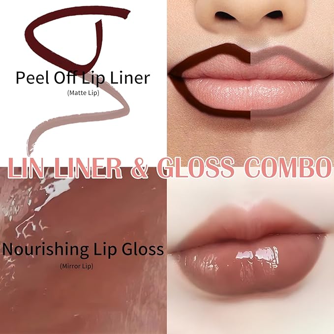 Lip Stain Peel Off, Lip Liner Stain Set Long Lasting Waterproof Lip Tint Stain Peel Off Lip Liner and Lipstick Combo Brown Lip Gloss Tattoo Nude Transfer Proof for Women Everyday Makeup