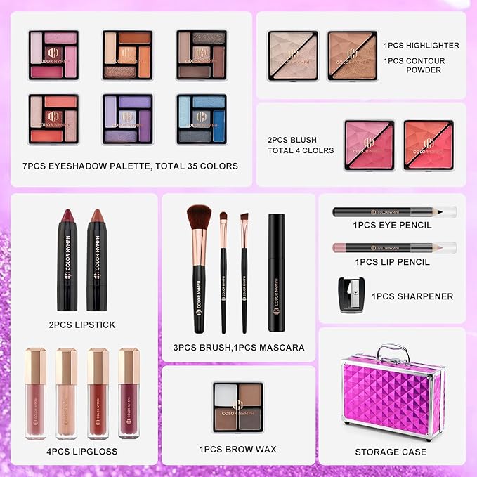 Color Nymph Girls Makeup Kits for Teen, Beginner Makeup Kit For Girls Non Toxic Makeup Set w/Train Case 24pcs Cosmetics Eyeshadow Lipstick Lipgloss Blush Mascara Eyeliner For Tweens Girl/Lady