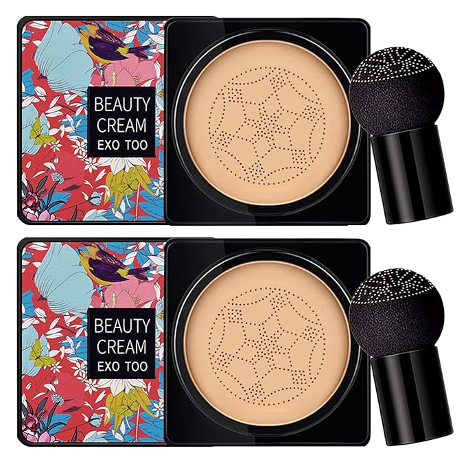 NUIBO 2PCS Air Cushion CC Cream Mushroom Head, Moisturizing Concealer Makeup Base, Primer Liquid Foundation Long Lasting with Two Mushroom Makeup Sponges 【Natural X 2】