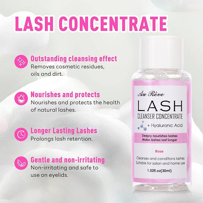 Lash Shampoo Concentrate 30ml Lash Cleanser Concentrate Update Oil-Free Eyelash Extension Cleanser for Salon Home Care, Makes 6 Bottles 60ml Eyelash Shampoo (Rose)