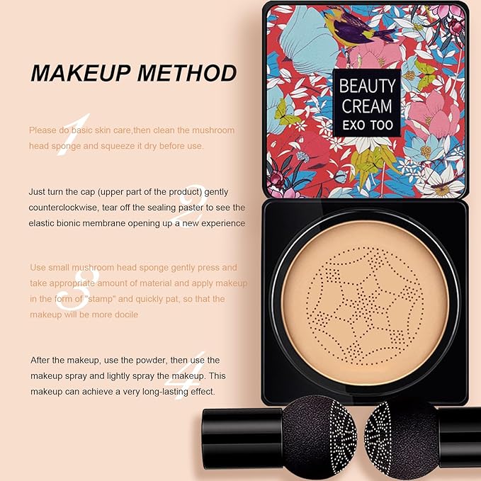 2Pack Mushroom Head Air Cushion CC Cream Foundation, Natural Moisturizing Matte Oil Control Concealer, Bright Makeup Base, Long Lasting Liquid Foundation with Two Mushroom Head Sponges