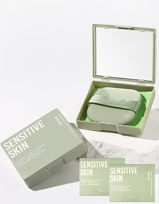 Oil Blotting Paper - 300 Sheets w/Mirror, Puff & Refills, Absorbs Excess Face Oil, Controls Shine, Gentle for Makeup Use.