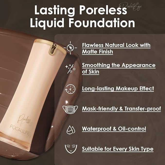 FOCALLURE PerfectBase Lasting Poreless Liquid Foundation, Medium to Full Coversage with Matte Finish, Covers Blemishes & Under-Eye Circles for All Skin Types, WP33 CHESTNUT