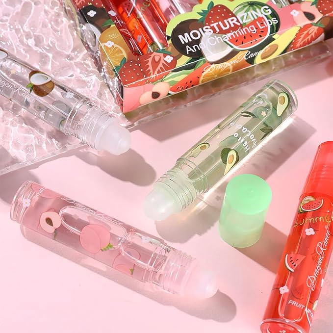 6 Pcs Fruit Roll-on Lip Gloss Set, Clear Lip Gloss Crystal Jelly Liquid Lipstick, Plumping Lip Oil Moisturizing Hydrating Non-Sticky, Nice Gift for Women Girl