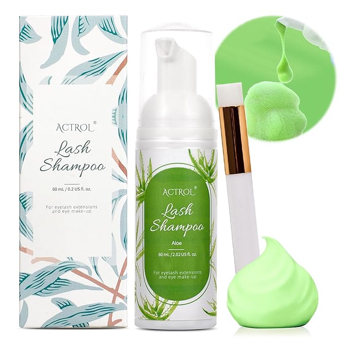 Eyelash Extension Cleanser 60ML Colored Green Aloe Lash Extension Shampoo Professional Eyelid Foaming Cleanser Paraben & Sulfate Free Non-lrritating with Salon and Home Care