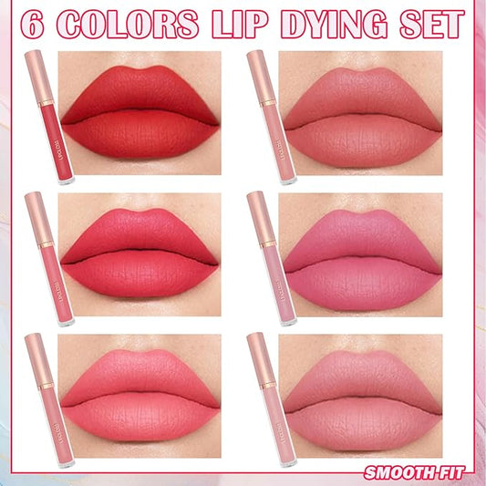 6 Colors Lip Tint Stain Set,Mini Liquid Lipstick Moisturizing Long Lasting Plumping High Pigmented Lip Gloss Set,Lightweight Non-Stick Cup Matte Lipstick for Waterproof Cheek and Lip Tint Makeup E