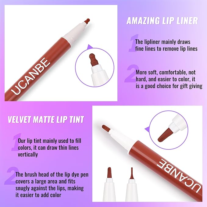 UCANBE 2pcs Matte Lip Tint Stain Set, 1 Lip Stain & 1 Lip Liner Pencil, Long Lasting Waterproof Lightweight Non-sticky Liquid Lipstick for Women & Girl (02 TAUPE)