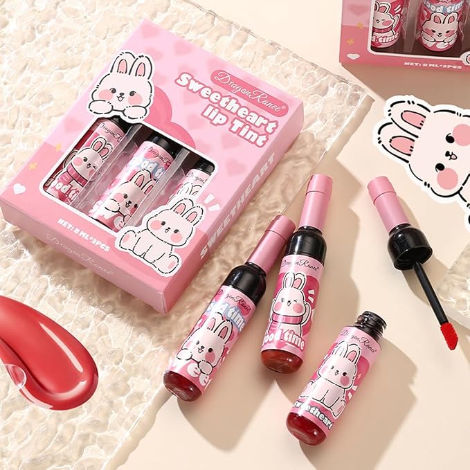 Wine Bottle Lip Tint Set, Long-Lasting 3 Colors Lip Tint, Smudge-Proof Liquid Lipstick for All-Day Wear, Cute Pink Package, Ideal Makeup Gift for Girls and Women