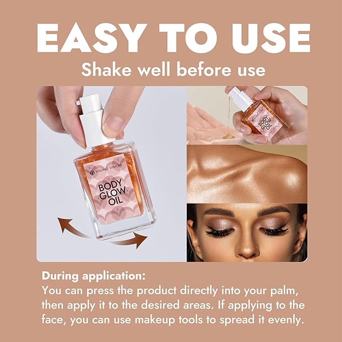 Shimmer Body Oil, Body Luminizer 3 Colors Hydrating Body Shimmer Oil Sparkle and Shine Hydrating and Nourishing Body Glitter Oil 1.05 Floz