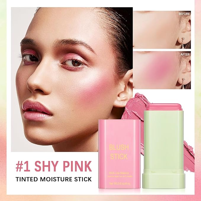 Multi-Use Makeup Blush Stick,Beauty Solid Moisturizer Stick,Waterproof Natural Nude Makeup,Tinted Solid Moisturizer Stick for Eyes Lips Cheek(1#shy pink)