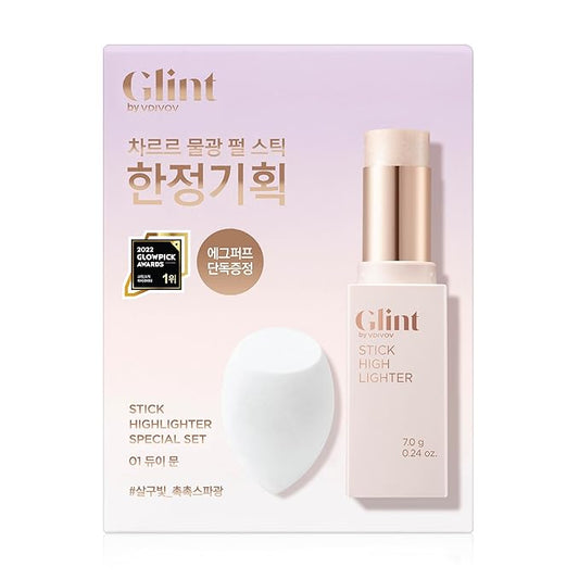 Glint Stick Highlighter Special Set (Dewy Moon(Set), 0.24oz + Egg-Shaped Makeup Sponge) - Multi-Use Illuminator Stick. Korean Makeup by LG Beauty. Creamy & Blendable Color.