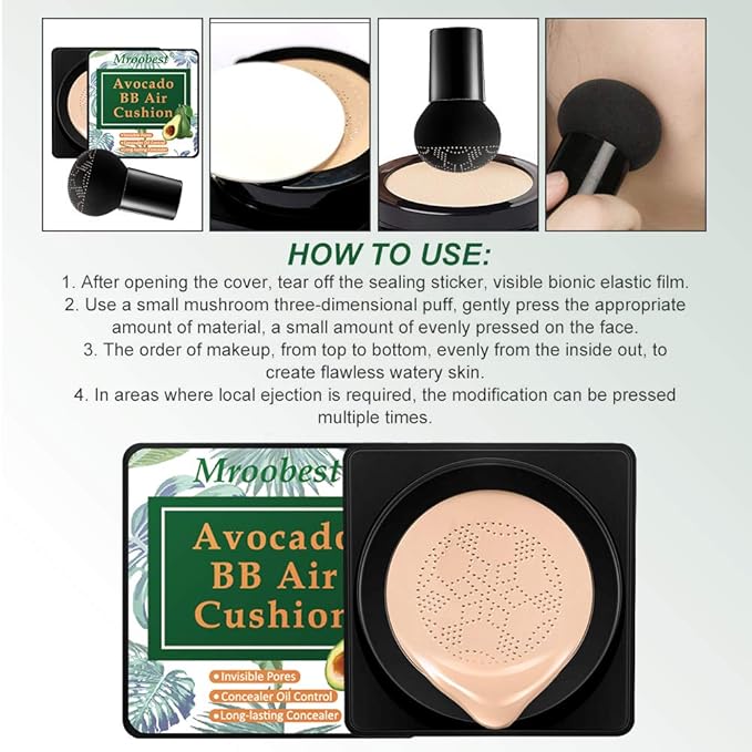 BB Mushroom Air Cushion, Avocado BB/CC Cream, All-Day Lasting Nude Foundation, Even Skin Tone Makeup Base, Easy to Apply, Thin, Moist