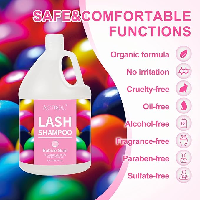Eyelash Extension Cleanser Gallon Bubble Gum 3.8L Natural Lash Extension Shampoo Professional Eyelid Foaming Cleanser Paraben & Sulfate Free Non-lrritating with Salon and Home Care