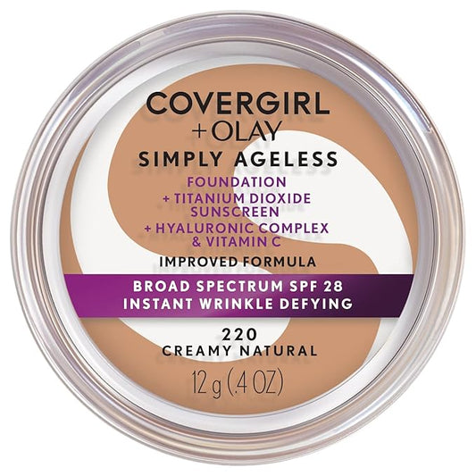 COVERGIRL & Olay Simply Ageless Instant Wrinkle-Defying Foundation, Creamy Natural 0.44 Fl Oz (Pack of 1) & Classic Color Blush Soft Mink, Long Lasting Glowing, 0.27 fl oz,Pink Blush