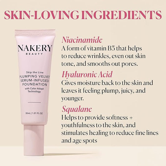 Nakery Full Coverage Foundation for Women - 5 in 1 Plumping Liquid Foundation Makeup - Serum Infused Makeup Foundation Smart Color Adapt with Niacinamide & Hyaluronic Acid for All Skin Types - Light