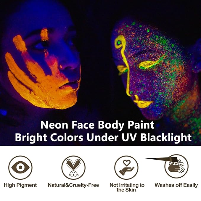 Go Ho Neon Yellow Body Paint Washable(2.37oz,70ml),under UV Blacklight Neon Face Paint,Water Based Neon Fluorescent Yellow Face Paint for Adults Children SFX Cosplay Costumes Halloween Makeup