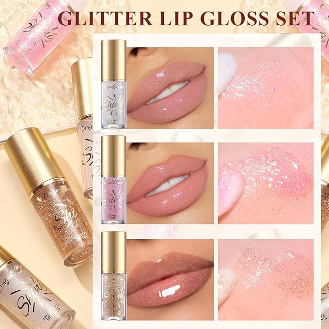 3Pcs Glitter Lip Oil,Moisturizing Lip Glow Oil Big Brush Head Long Lasting Hydrating Shimmery Transparent,Glass Lip Glow Oil Non-sticky Shiny Primer Plumping Lip Gloss