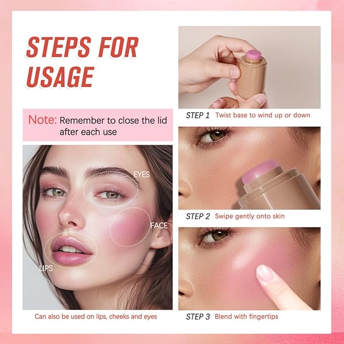 Cream Blush stick, Natural-Looking Matte Finish Makeup Blush stick, Hydrating Long Lasting Lightweight Blendable Blush for cheeks (#3 Bright Coral, 1 PC)