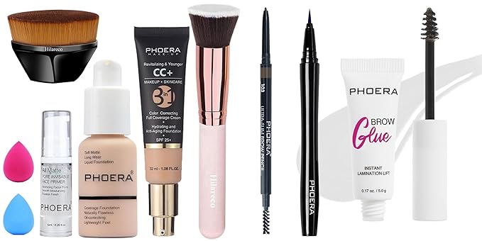 PHOERA Foundation, PHOERA CC+ Cream Color Correcting Anti Aging Hydrating Serum &SPF 25+,PHOERA Eye Makeup Kit, Include Eyebrow Pencil,Eyeliner and Eyebrow Gel Clear