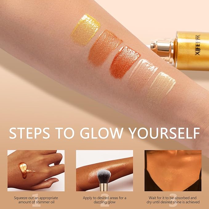 Body Shimmer Oil, Golden Brown Body Luminizer Face Brighten Highlighter Liquid Illuminator with Makeup Brush, Long Lasting Moisturizing Body Glitter Oil for Makeup (3.38 Fl Oz/#04)