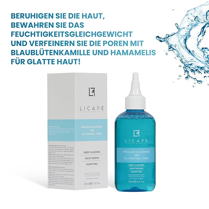 LICAPE® Skincare Duo – Dual-Phase Makeup Remover Oil 400ml & Micellar Pore Tightening Toner 200ml with Chamomile, Niacinamide & Horse Chestnut for Deep Cleansing, Oil Control & Balanced Skin